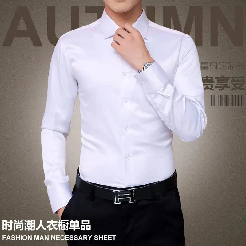 Plus-size 5XL men's slim fit tuxedo shirt by Showlu Fashion, long sleeve, luxurious mercerized cotton, ideal for weddings and formal wear