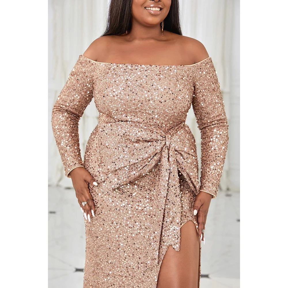 Plus Size Apricot Prom Sequin Off The Shoulder Long Sleeve Bow High Split Maxi Dress - SHOWLU FASHION STORE