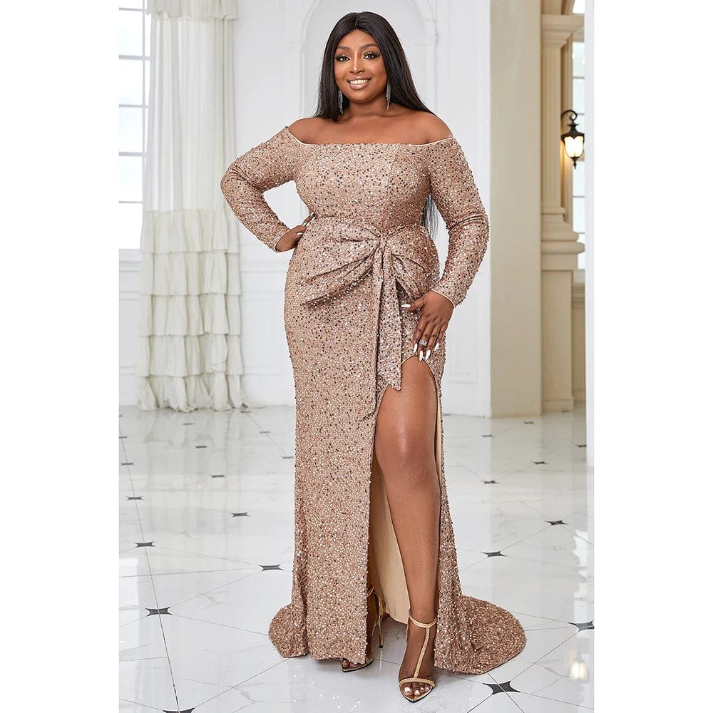 Plus Size Apricot Prom Sequin Off The Shoulder Long Sleeve Bow High Split Maxi Dress - SHOWLU FASHION STORE