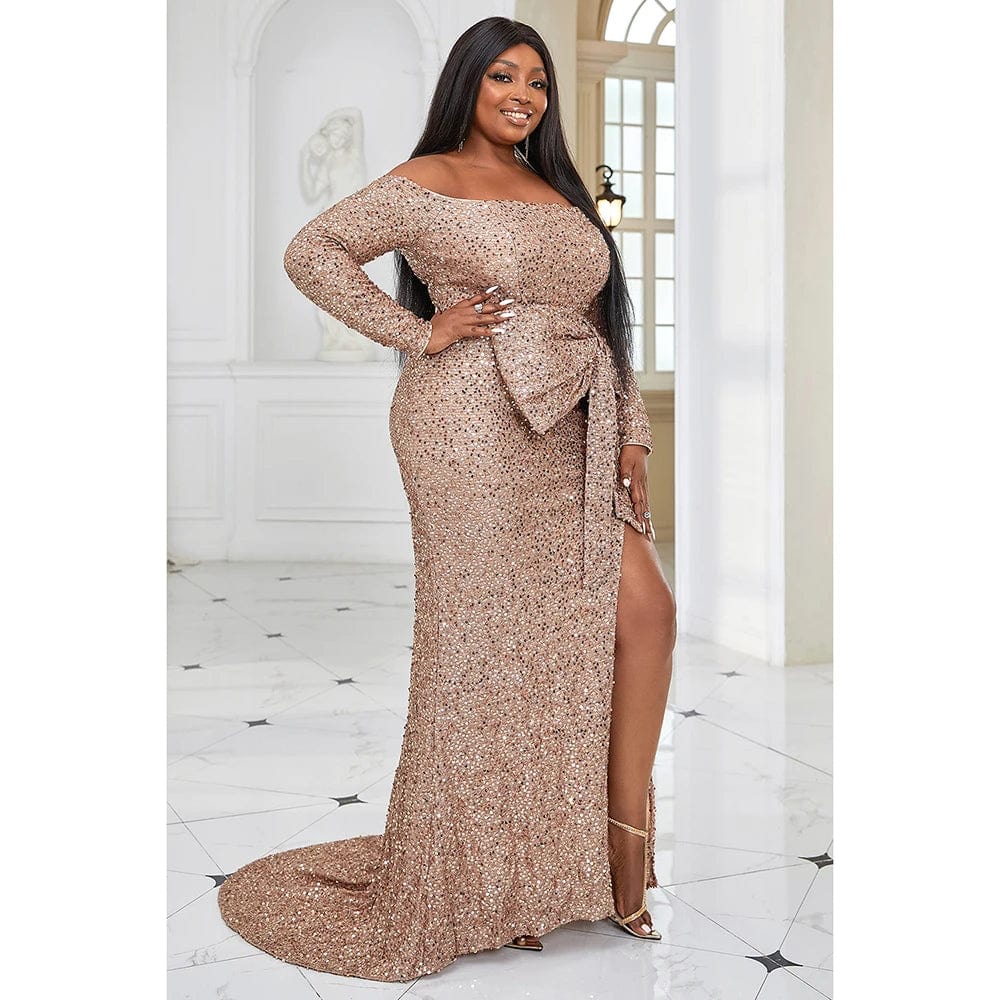 Plus Size Apricot Prom Sequin Off The Shoulder Long Sleeve Bow High Split Maxi Dress - SHOWLU FASHION STORE