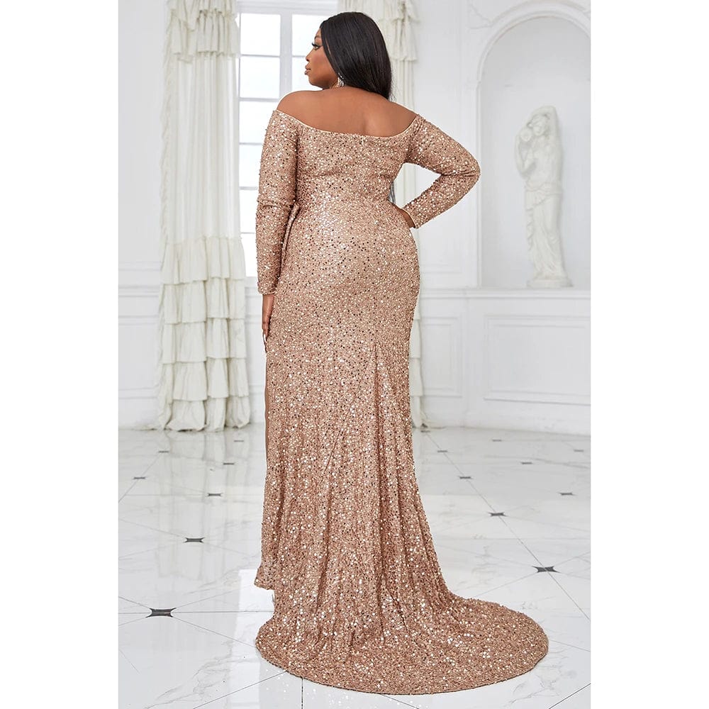 Plus Size Apricot Prom Sequin Off The Shoulder Long Sleeve Bow High Split Maxi Dress - SHOWLU FASHION STORE