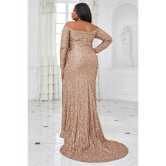 Plus Size Apricot Prom Sequin Off The Shoulder Long Sleeve Bow High Split Maxi Dress - SHOWLU FASHION STORE