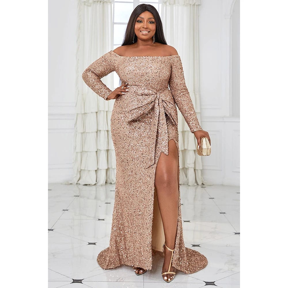 Plus Size Apricot Prom Sequin Off The Shoulder Long Sleeve Bow High Split Maxi Dress - SHOWLU FASHION STORE