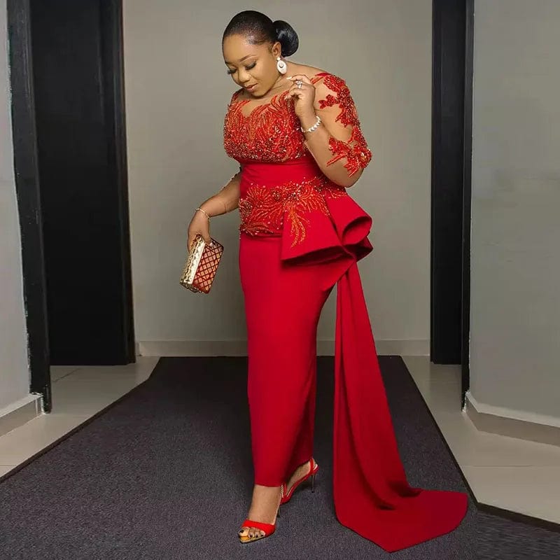 Plus-size red lace Arabic Aso Ebi prom dress by SHOWLU FASHION STORE featuring sheer long sleeves and a sweep train evening gown