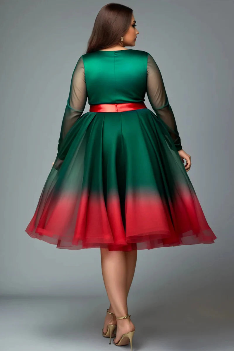 Plus-size emerald green V-neck tulle mini wrap dress with lantern long sleeves, perfect for festive occasions.