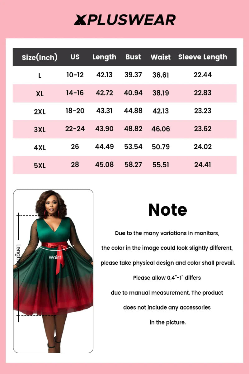 Plus-size emerald green V-neck tulle mini wrap dress with lantern sleeves, transparent fabric, perfect for festive occasions.