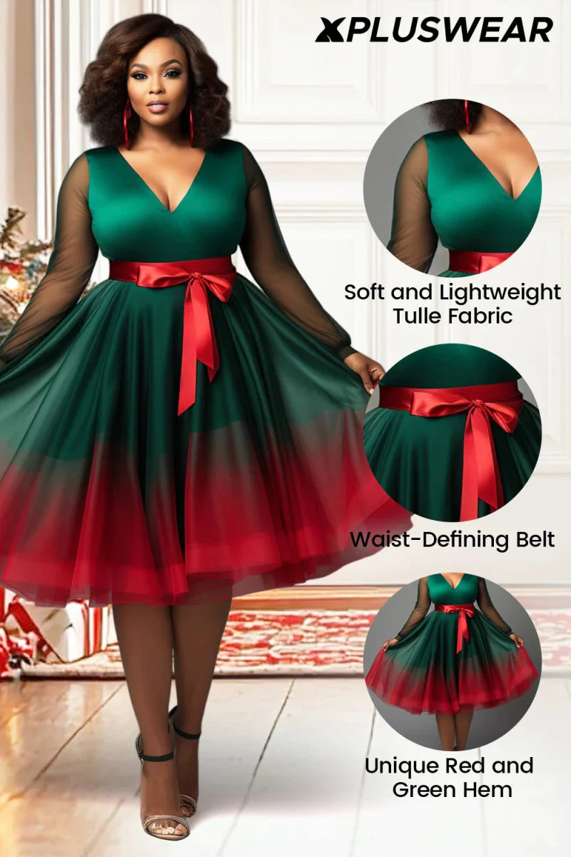 Plus-size emerald green V-neck tulle wrap dress with lantern long sleeves, perfect for festive occasions, by Showlu Fashion.