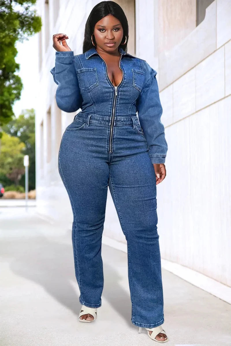 Showlu Women's plus size blue denim jumpsuit with long sleeves, zipper front, and solid color, suitable for spring and autumn.