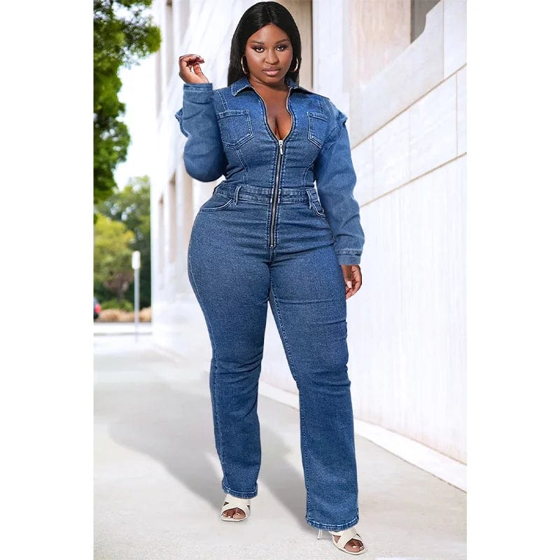 Plus size blue denim jumpsuit by Showlu Fashion with long sleeves, front zipper, and casual fit, perfect for spring and autumn.