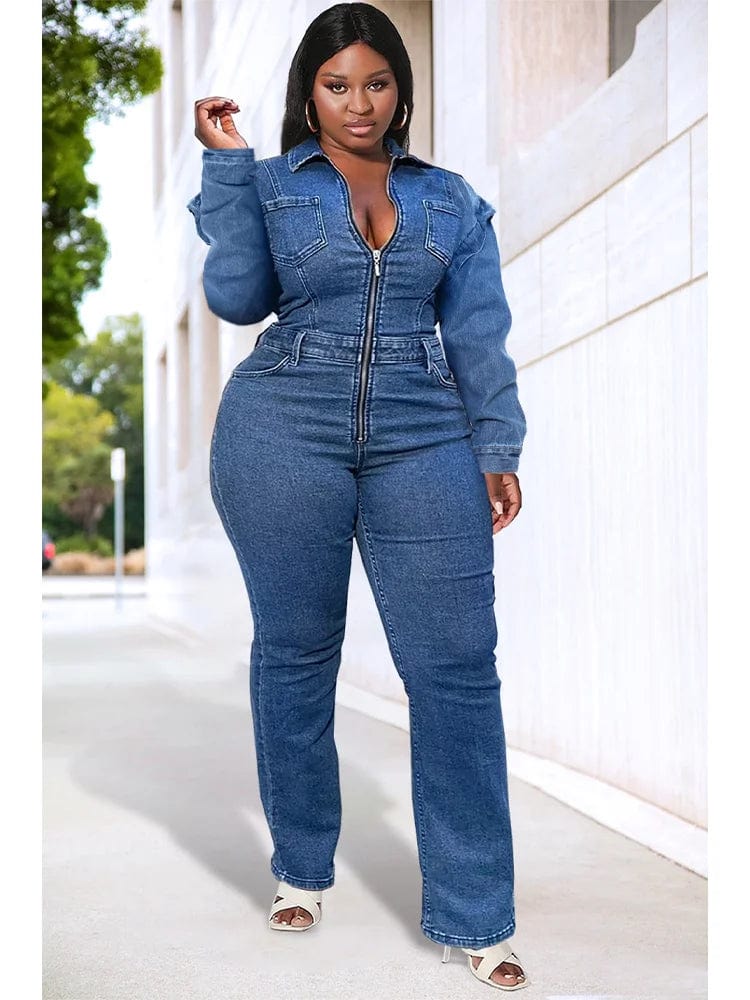 Showlu Women's plus size blue denim jumpsuit with long sleeves, zipper front, and solid color, ideal for spring and autumn wear.