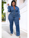 Showlu Women's plus size blue denim jumpsuit with long sleeves, zipper front, and solid color, ideal for spring and autumn wear.