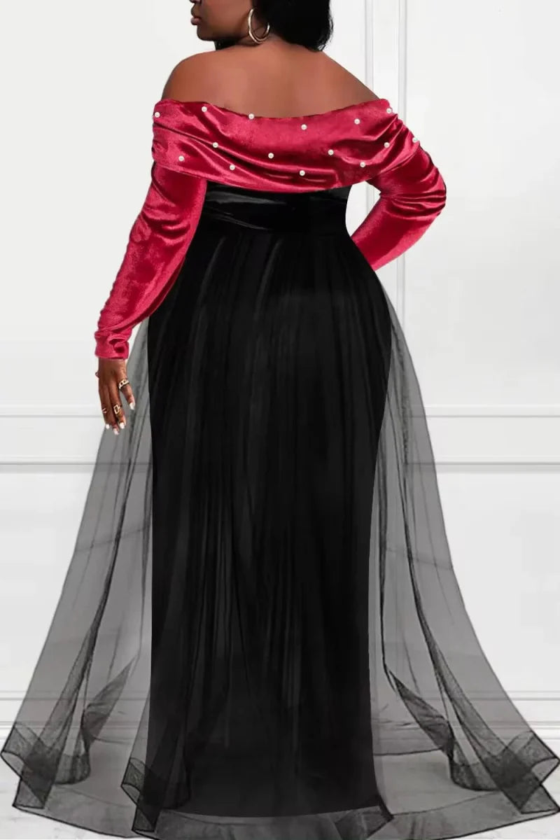 SHOWLU Off Shoulder Plus Size Evening Gown with long sleeves, elegant and sexy dress for formal occasions and banquets.