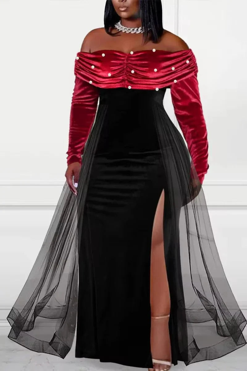 Elegant plus size off-shoulder evening gown by SHOWLU with long sleeves, perfect for formal events and banquets.