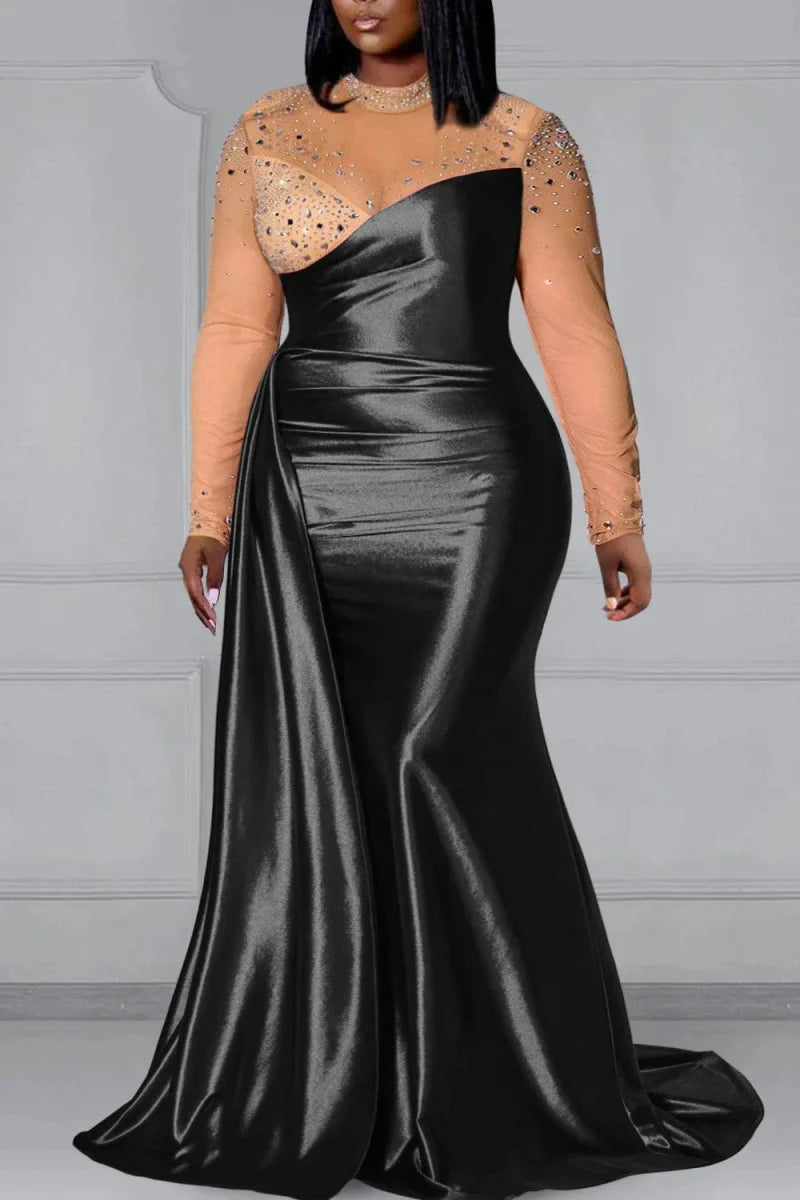 Plus size SHOWLU mermaid evening gown with long sleeves, satin fabric, and elegant mock neck for wedding or prom occasions.