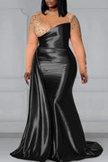 Plus size SHOWLU mermaid evening gown with long sleeves, satin fabric, and elegant mock neck for wedding or prom occasions.