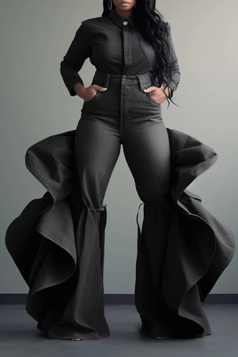 Plus size Showlu Women's high waist ruffle flared denim jeans in blue, with casual style and cotton fabric.