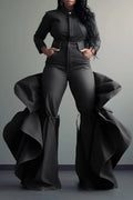 Plus size Showlu Women's high waist ruffle flared denim jeans in blue, with casual style and cotton fabric.