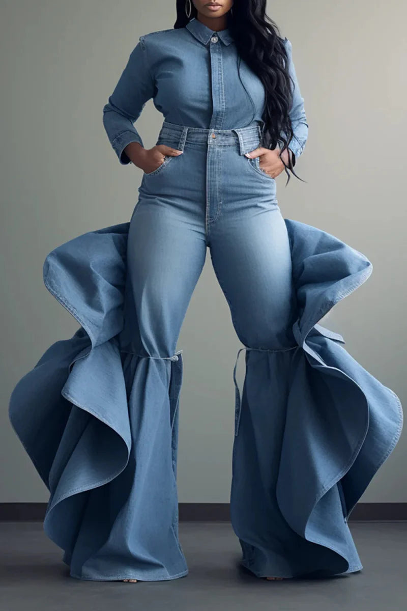 Plus size Showlu Women's high waist ruffle flared denim jeans in blue cotton, stylish and casual for spring wear
