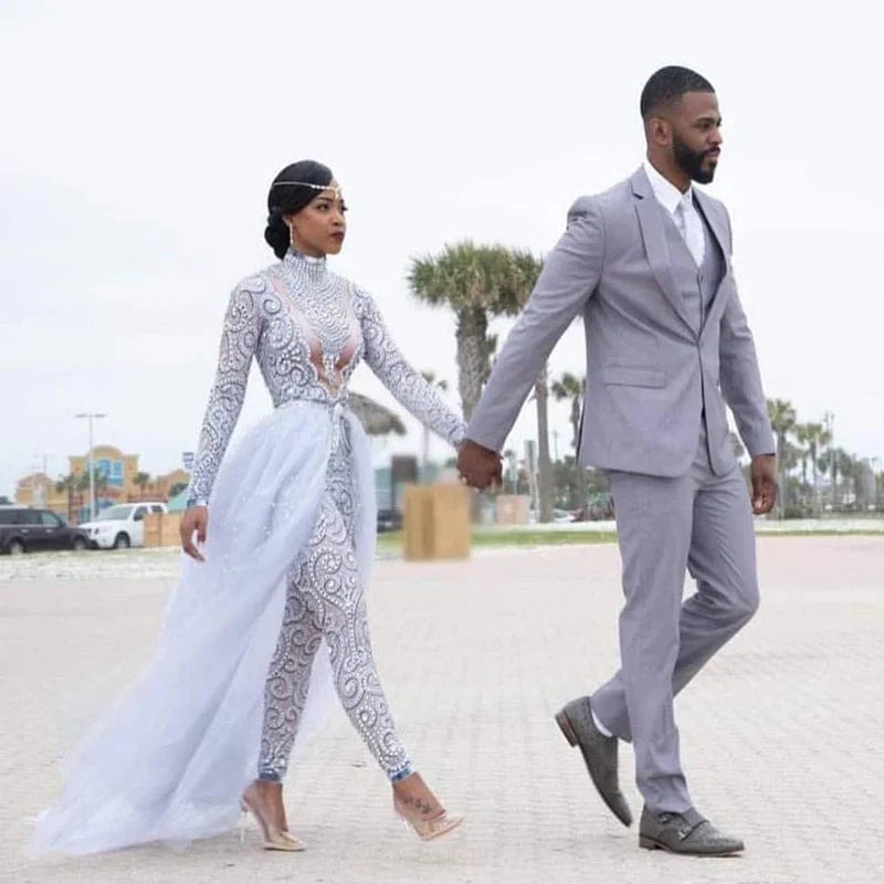 Plus size wedding dress by SHOWLU FASHION STORE featuring a high neck, beaded design, long sleeves, and a detachable train.