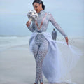 Plus size high neck beaded wedding dress with long sleeves and detachable train, designed for bridal wear by SHOWLU FASHION STORE
