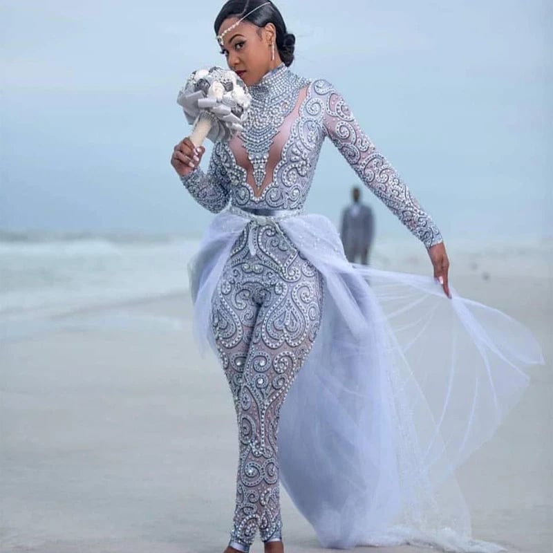 Plus size high neck beaded wedding dress with long sleeves and detachable train, designed for bridal wear by SHOWLU FASHION STORE