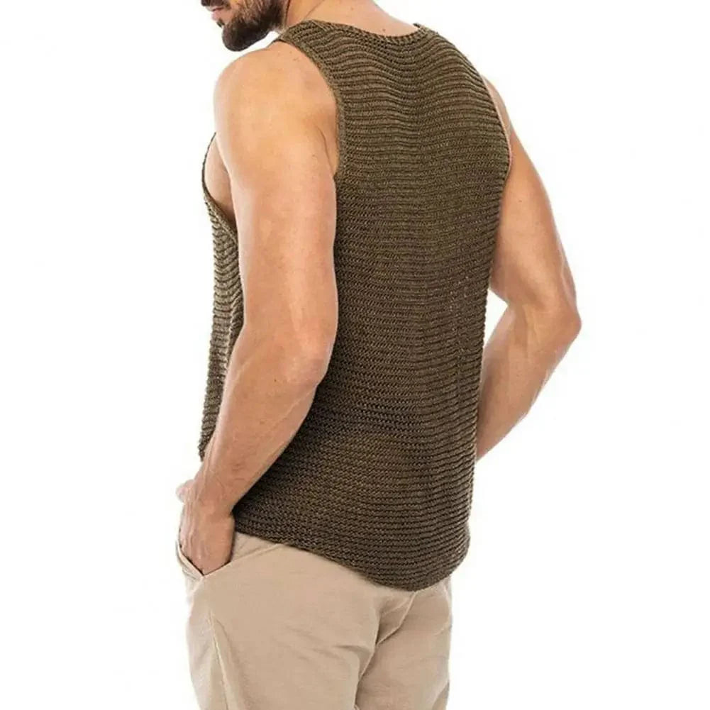 Plus size men's SHOWLU knitted tank top in solid color, U-neck, breathable sleeveless gym vest for summer fitness.