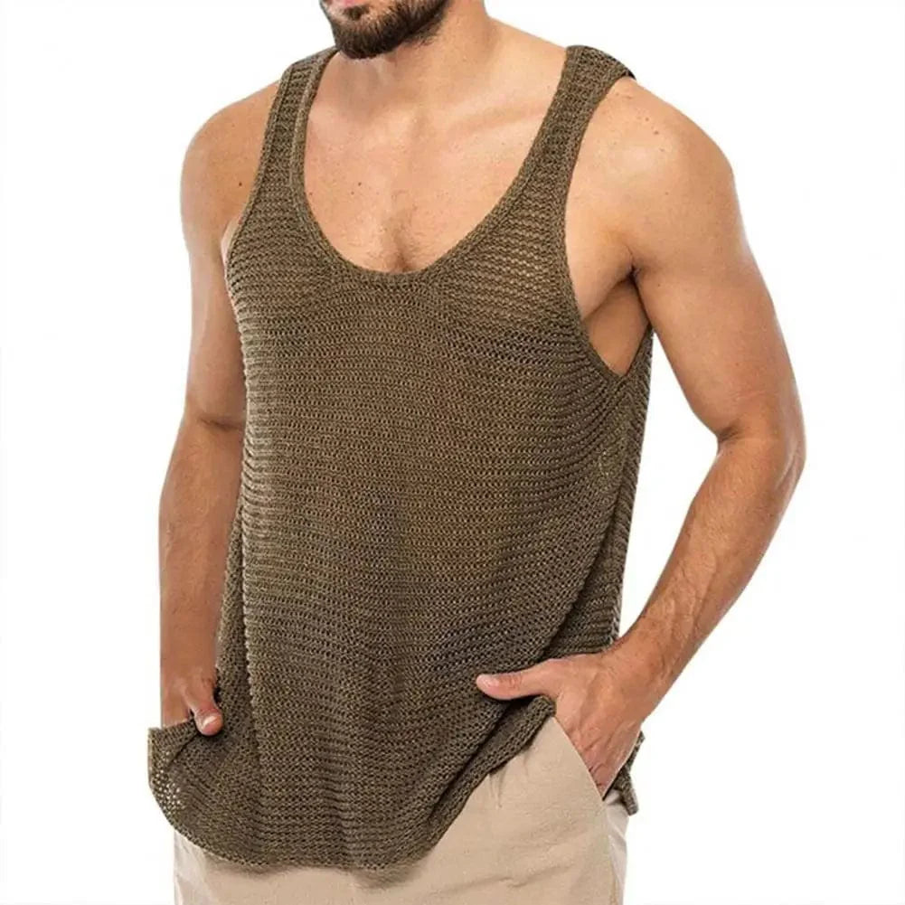 Plus size men's knitted tank top from SHOWLU FASHION STORE, breathable solid color gym vest with U-neck and sleeveless design.