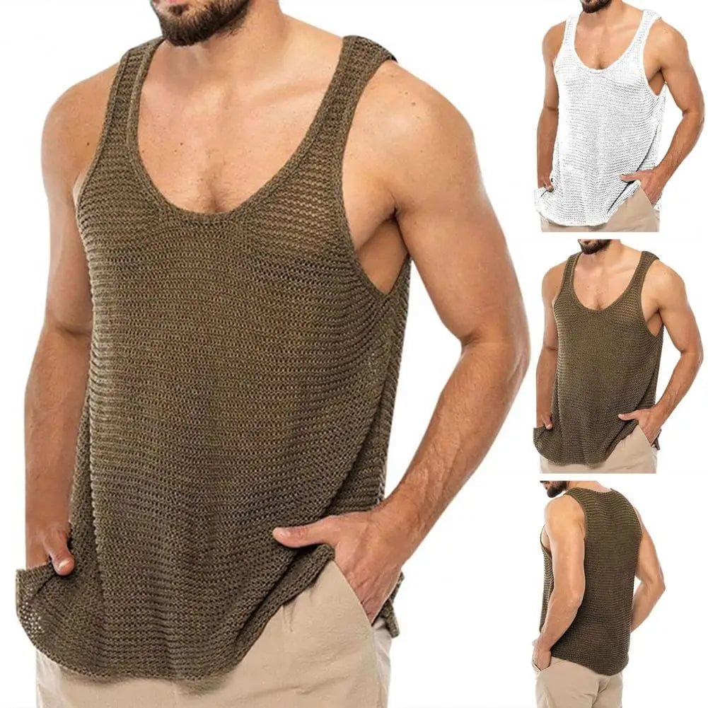SHOWLU Men's plus size knitted tank top, sleeveless breathable summer gym vest, solid color U-neck loose fit for fitness and casual wear