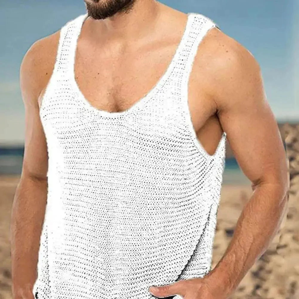 Plus size men's SHOWLU knitted tank top, solid color, U-neck, sleeveless, breathable summer gym vest for fitness and casual wear.