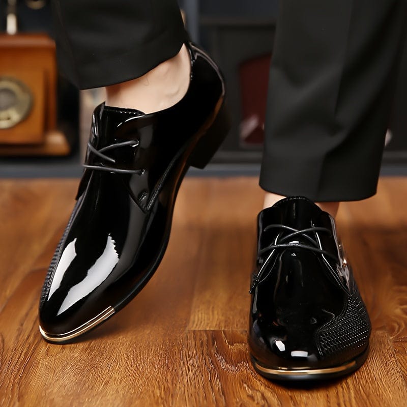 SHOWLU FASHION men's faux patent leather derby shoes with non-slip rubber soles and durable dress shoe design.