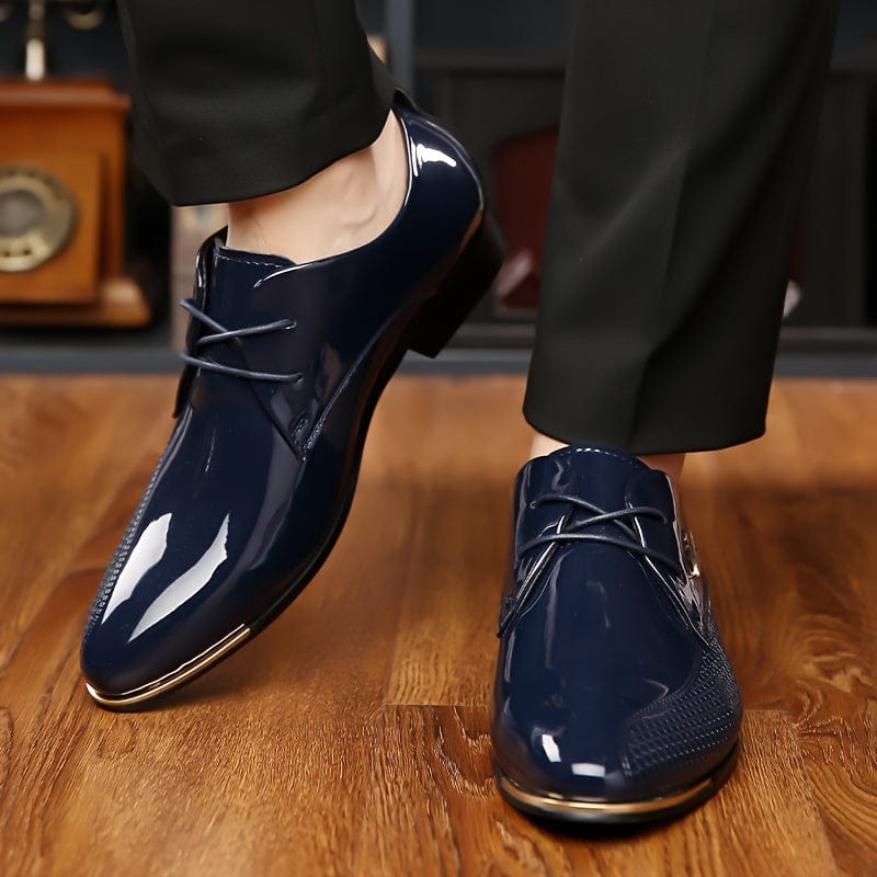 Plus-size men's SHOWLU FASHION faux patent leather derby shoes with non-slip rubber soles, durable and comfortable dress footwear.