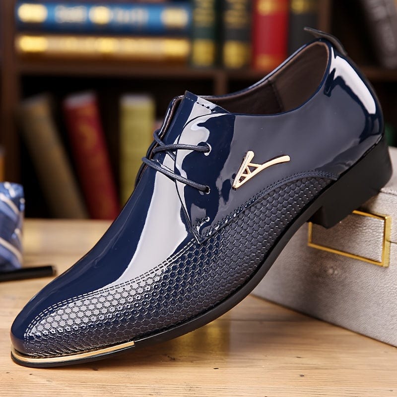 Plus-size men's SHOWLU FASHION faux patent leather derby shoes with non-slip rubber soles and a comfortable, durable design.