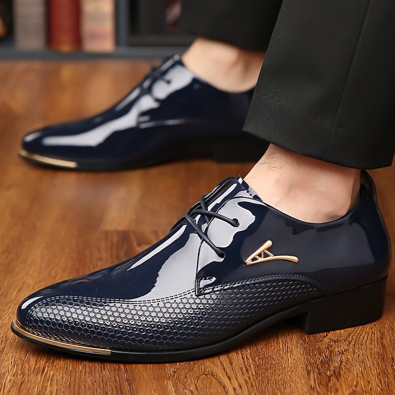Showlu Fashion men's faux patent leather derby shoes with non-slip rubber soles, plus-size friendly, durable dress footwear.