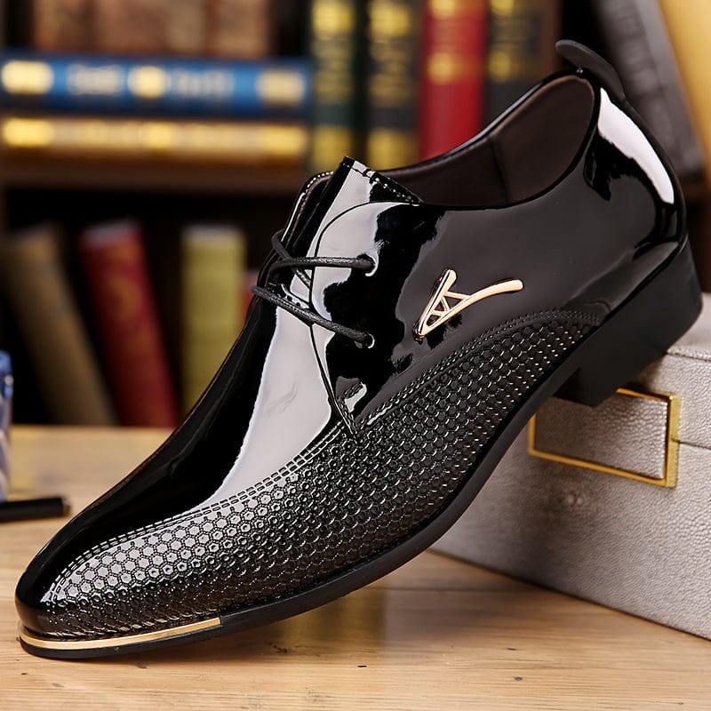 SHOWLU FASHION men's faux patent leather derby shoes with non-slip rubber soles, stylish plus-size dress shoes for men.