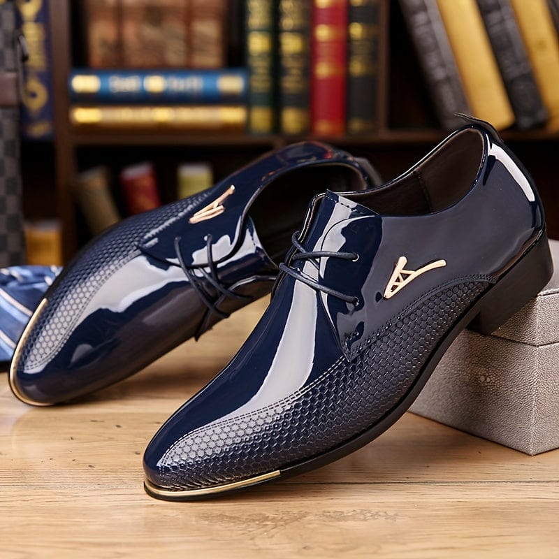 Plus-size men's SHOWLU FASHION faux patent leather derby shoes with non-slip rubber soles and durable dress shoe design.