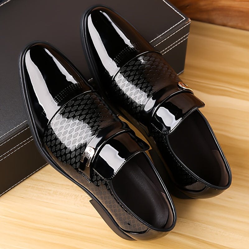 Men's SHOWLU FASHION faux patent leather slip-on business shoes with non-slip rubber soles, suitable for office and formal occasions.