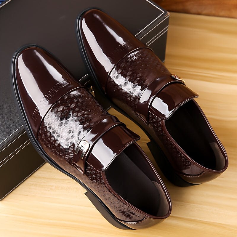 Men's faux patent leather slip-on business shoes with non-slip rubber soles, comfortable and durable for office and business occasions.