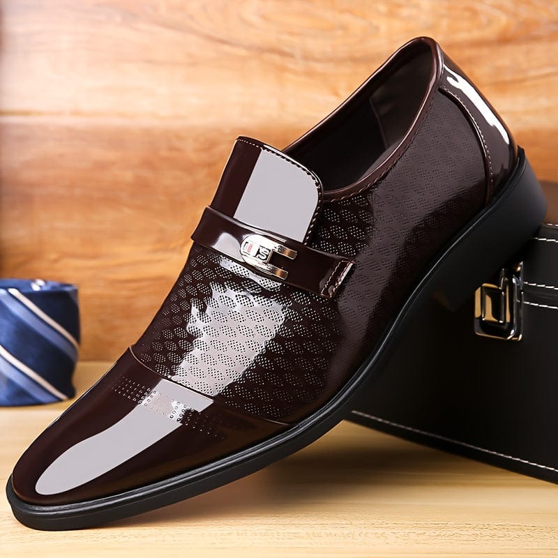 Men's faux patent leather slip-on business shoes with non-slip rubber soles, comfortable and durable for office and formal occasions.