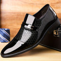 Men's slip-on business shoes by SHOWLU FASHION with faux patent leather upper, non-slip rubber sole, ideal for office and business wear.