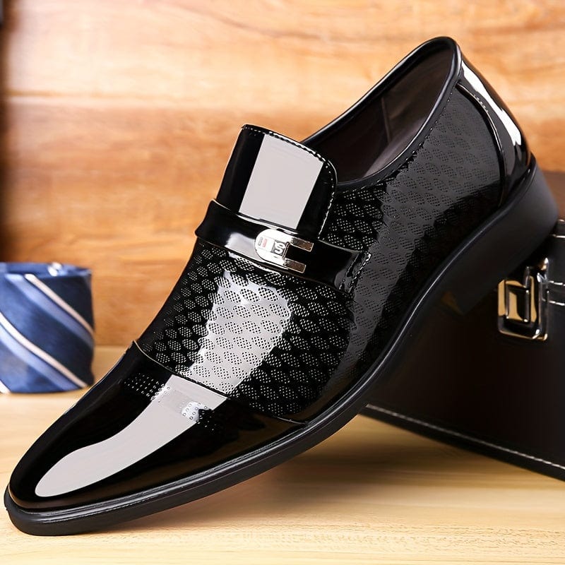Men's slip-on business shoes by SHOWLU FASHION with faux patent leather upper, non-slip rubber sole, ideal for office and business wear.