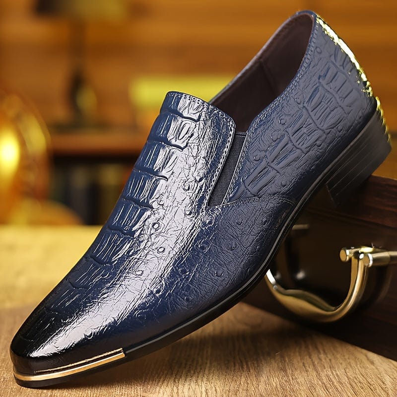 SHOWLU Men's solid color PU leather slip-on dress shoes with a sleek, casual design and non-slip soles for business and formal wear.