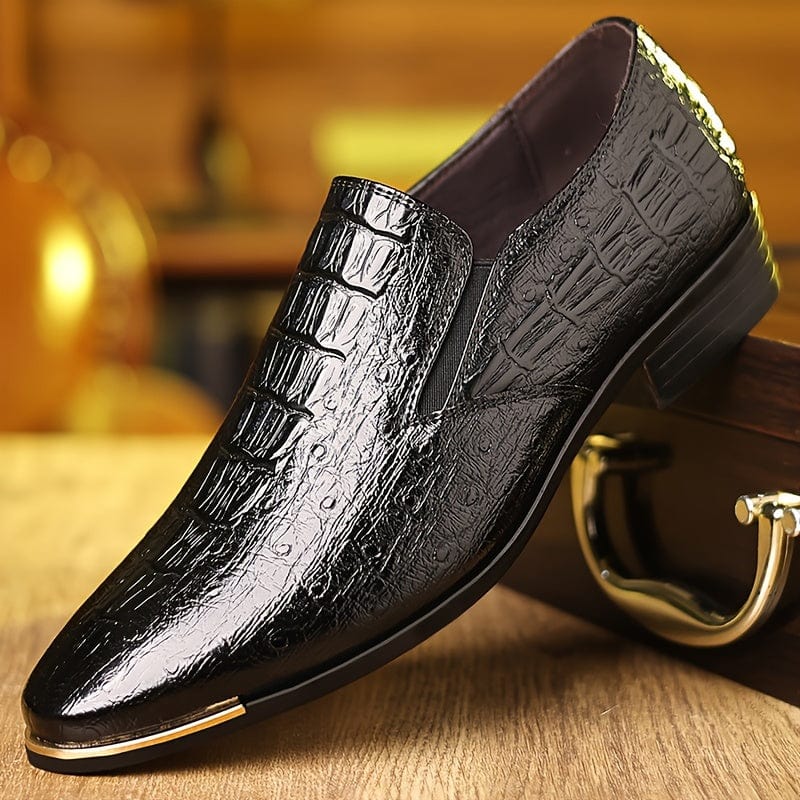 SHOWLU men's solid color PU leather slip-on dress shoes, casual and durable for office and formal occasions.