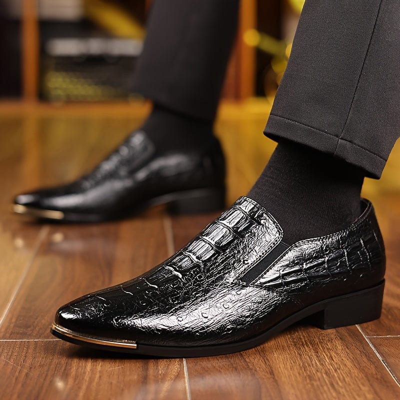 SHOWLU men's solid color PU leather slip-on dress shoes with a sleek, casual design, ideal for office and formal occasions.
