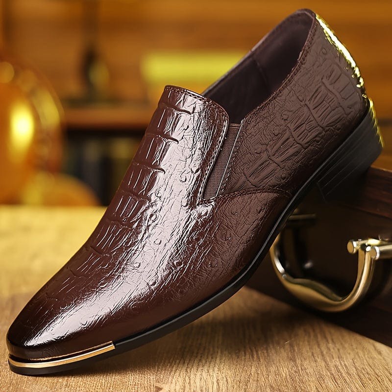 SHOWLU men's solid color PU leather slip-on dress shoes with a sleek design, ideal for business and formal occasions.