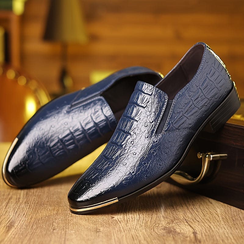 SHOWLU Men's solid color PU leather slip-on dress shoes, casual and durable for office and formal occasions.