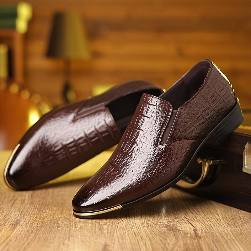 SHOWLU men's solid color PU leather slip-on dress shoes with a sleek, casual design, suitable for office and formal occasions.