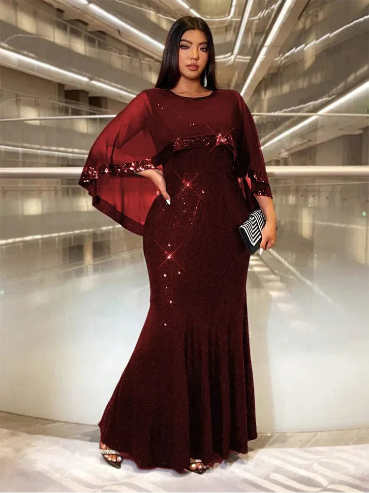 Plus size Showlu Fashion sequin A-line evening gown with multi-color shawl, perfect for wedding or prom banquet events.