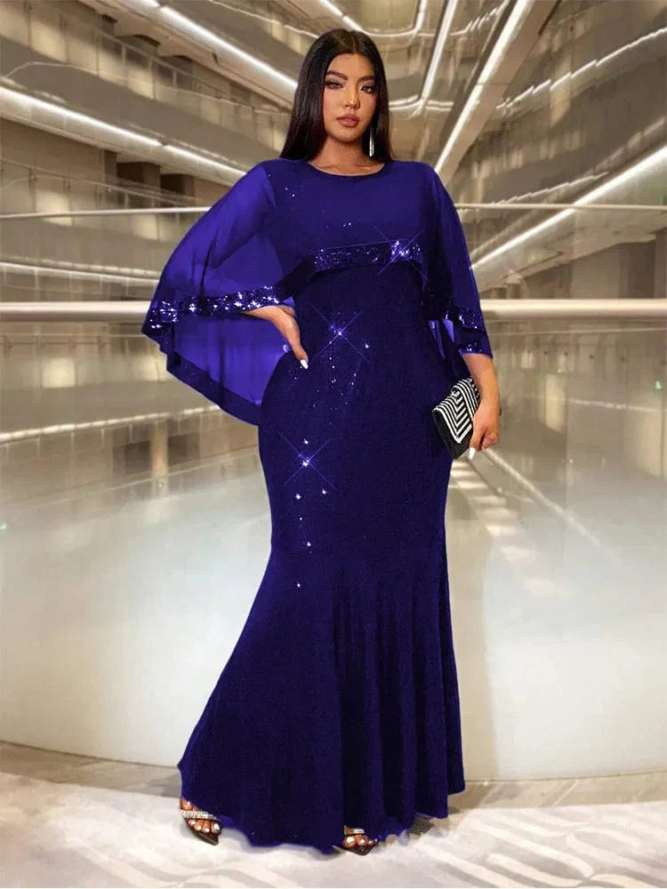 Plus size Showlu Fashion sequin A-line evening gown with multi-color shawl, perfect for wedding and formal events.