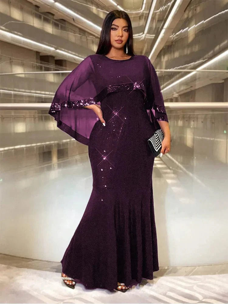 Plus size Showlu Fashion sequin A-line evening gown with multi-color shawl, perfect for wedding or prom, luxury floor-length dress