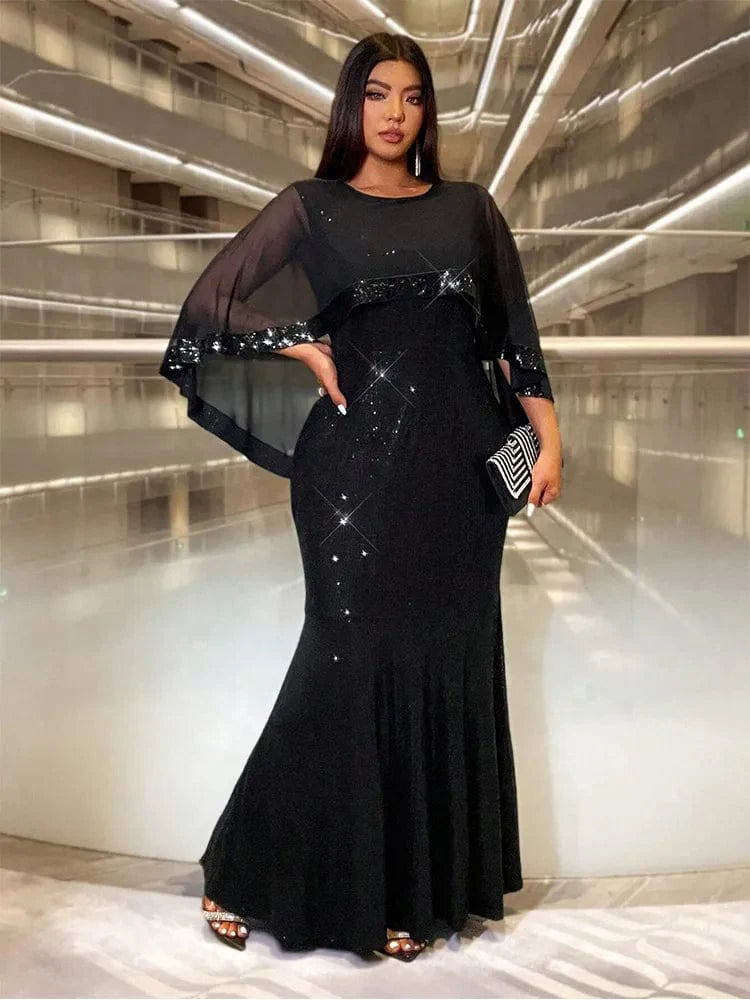 Plus size Showlu Fashion sequin A-line evening gown with multi-color shawl, perfect for wedding or prom, in a shiny, luxurious design.